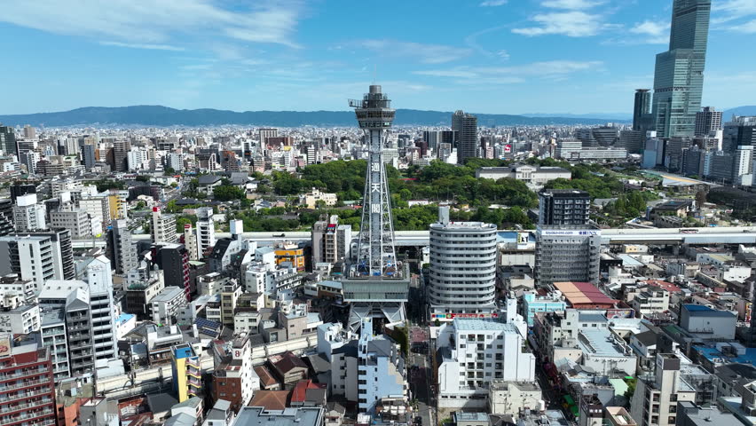 Tsutenkaku Observation Tower in Tokyo, Japan. - aerial shot