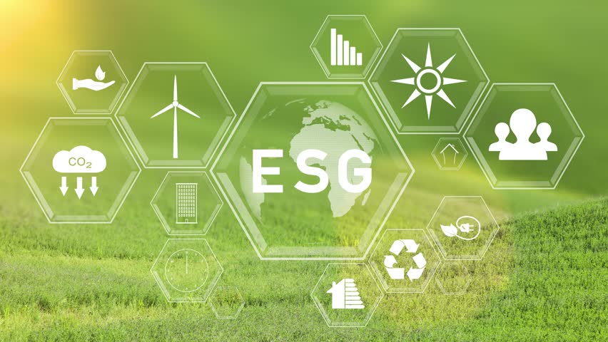Concept ecology, sunny green meadow with esg icons loop motion background.