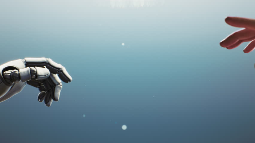Close Up of Futuristic Robotic Hand Touching Human One That Gradually Morphs Into Robotic Form. Human Becomes Machine Through AI Touch. Concept For Digital Metamorphosis, And Technological Evolution.