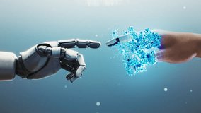 Close Up of Futuristic Robotic Hand Touching Human One That Gradually Morphs Into Robotic Form. Human Becomes Machine Through AI Touch. Concept For Digital Metamorphosis, And Technological Evolution. - Powered by Shutterstock - Get 15% off with code: PIKWIZARD15