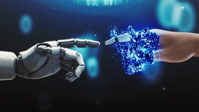 Touch Between Human and Robot Sparks Transformation. Robotic Finger Touches Human Hand, Triggering Stunning Transformation Into Metal and Light. Concept of Boundary Between Humans and Machine. - Powered by Shutterstock - Get 15% off with code: PIKWIZARD15
