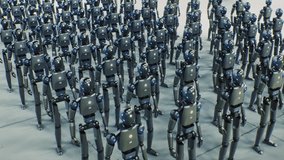 Humanoid Robots Ready For Activation In AI Warehouse. Dozens Robots Stand In Readiness Inside Industrial Facility. Robotics Production, Machine Learning, Next Generation Intelligent Systems. Top View. - Powered by Shutterstock - Get 15% off with code: PIKWIZARD15