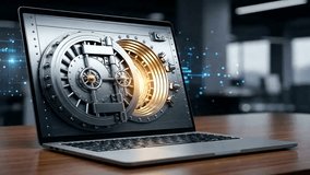 Secure Data and Online Banking Concept: Laptop Displaying Vault Door - Powered by Shutterstock - Get 15% off with code: PIKWIZARD15