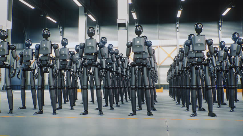 Advanced Humanoid Robots Assembled For Future AI Operations. Line Robots Stands in Synchronization Inside Modern Warehouse. Concept of AI, Robotics Industry, Futuristic Workforce Technology.