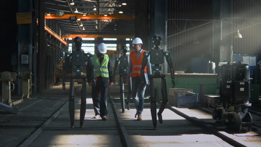 Engineers in Safety Vests and Helmets Collaborate With Humanoid Robots Inside High Tech Industrial Facility. Future of Smart Manufacturing Seamless Human Robot Teamwork, Innovation in Production.