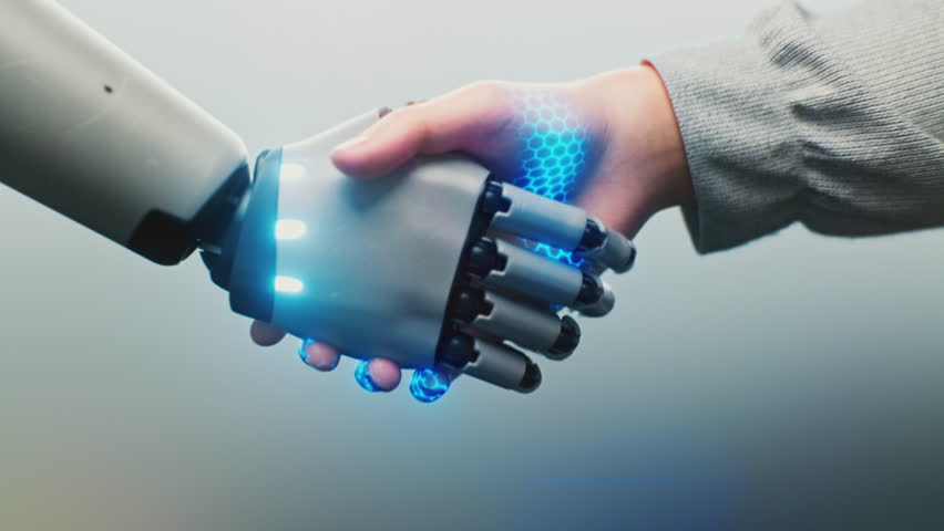 Futuristic Handshake Between Human and Robot. Glowing Handshake Symbolizing Digital Union and Technological Evolution. Concept of Collaboration, Connection, and Innovation Of AI In Modern World.