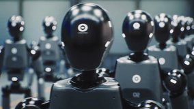 Rows Sleek Humanoid Robots Stand In Formation Under Bright Industrial Lights. Robots Standing In Perfect Order Symbolizing AI Future. AI Development, Robotics Revolution, Rise Of Intelligent Machines. - Powered by Shutterstock - Get 15% off with code: PIKWIZARD15