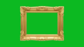 An ornate, antique gold picture frame with intricate scrollwork and leaf motifs, isolated on a vibrant green background. - Powered by Shutterstock - Get 15% off with code: PIKWIZARD15