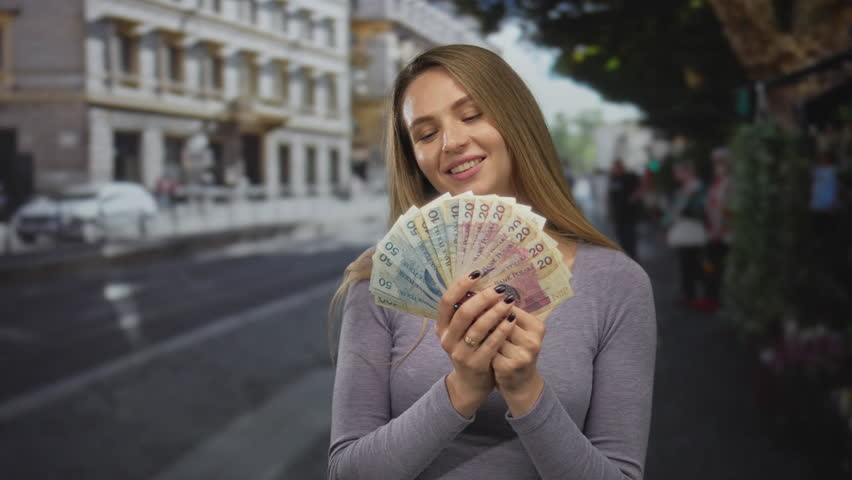 Woman holding polish zloty banknotes on a city street outdoors smiling happily