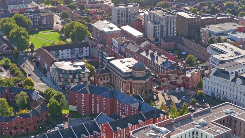 St George’s Hall and the William Brown Street civic cluster with adjacent Walker Art Gallery, World Museum, Central Library and the Nelson Street Chinese Arch marking Liverpool Chinatown, drone shot