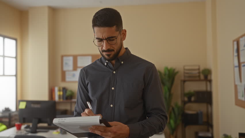 Young man in a modern office writes on a notepad, surrounded by plants and shelves, exuding a focused and professional demeanor in a well-lit workplace environment.