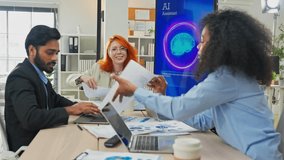 Multiethnic business professionals collaborate in modern office using AI virtual assistant and big data analytics to connect insights, driving strategic innovation through intelligent automation - Powered by Shutterstock - Get 15% off with code: PIKWIZARD15