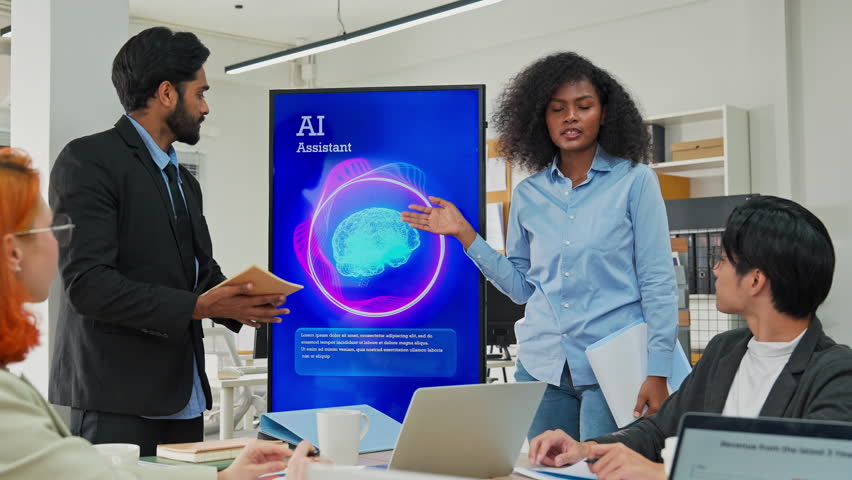 Multiethnic business professionals collaborate in modern office using AI virtual assistant and big data analytics to connect insights, driving strategic innovation through intelligent automation - Powered by Shutterstock - Get 15% off with code: PIKWIZARD15