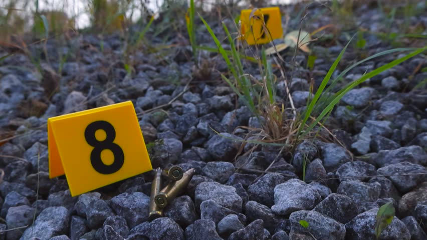 Low angle tracking glides closely over beach gravel ground with blades of grass passing crime scene evidence markers placed beside bullet cartridges and Bitcoins at seaside dim light in shallow depth