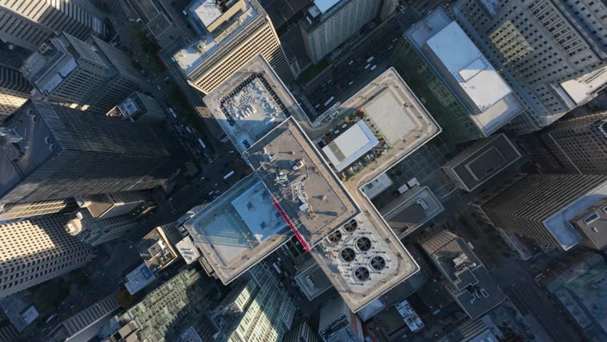 Down The Place Ville Marie Iconic Skyscraper And Urban Complex In Downtown Montreal, Quebec, Canada. FPV Shot