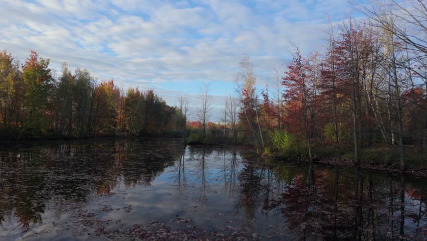 Autumn Nature With Mirror Reflection Over Idyllic Lake At Dawn. Wide Shot