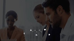 Team collaborating over laptop around desk in tech office, showing floating chat and location icons. Collaboration, teamwork, innovation, workplace, digital, modern, productivity - Powered by Shutterstock - Get 15% off with code: PIKWIZARD15