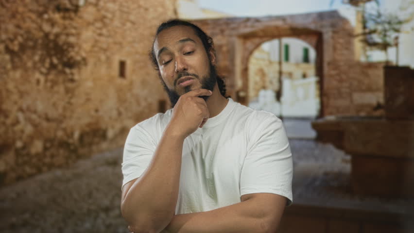 Man with hand on chin on old town street near stone arch, wearing white tshirt and beard while gesturing; thoughtful reflection.