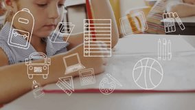 Animation of education school icons over diverse school children writing in classroom. Global education, learning and elementary school concept digitally generated video. - Powered by Shutterstock - Get 15% off with code: PIKWIZARD15