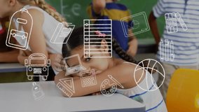 Animation of education school icons over diverse school children in classroom. Global education, learning and elementary school concept digitally generated video. - Powered by Shutterstock - Get 15% off with code: PIKWIZARD15
