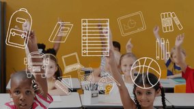 Animation of education school icons over diverse school children in classroom. Global education, learning and elementary school concept digitally generated video. - Powered by Shutterstock - Get 15% off with code: PIKWIZARD15