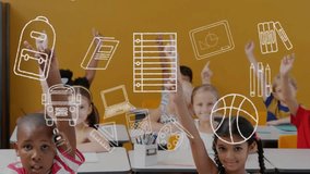 Animation of education school icons over diverse school children in classroom. Global education, learning and elementary school concept digitally generated video. - Powered by Shutterstock - Get 15% off with code: PIKWIZARD15