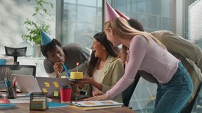 Birthday celebration corporate office amazed happy Indian businesswoman Arabian woman laptop job busy three diversity friendly business coworkers surprising holding festive cake informal startup team - Powered by Shutterstock - Get 15% off with code: PIKWIZARD15