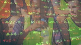 Three male runners sipping water during break starting animated stock arrows floating around grid. Athletes, teamwork, hydration, digital, financial, endurance, fitness - Powered by Shutterstock - Get 15% off with code: PIKWIZARD15