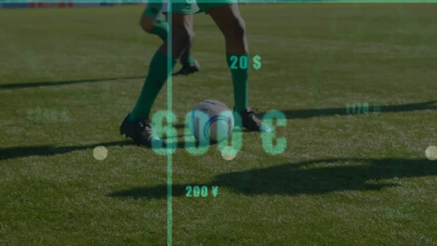 Green-kit dribbling activating sports analytics overlay, updating values before red-kit tackle. Athletic, competition, digital, precision, strategy, vitality, dynamic - Powered by Shutterstock - Get 15% off with code: PIKWIZARD15