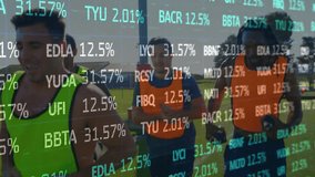 Three male runners in neon bibs jogging on turf showing transparent overlay updating fitness stats. Athletes, fitness, training, outdoor, motion, performance, analysis - Powered by Shutterstock - Get 15% off with code: PIKWIZARD15