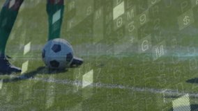 Green-kit soccer player initiating dribble aiming at outplaying defender with pulsing analytics. Athlete, competition, sports, motion, technology, analytics, agility - Powered by Shutterstock - Get 15% off with code: PIKWIZARD15