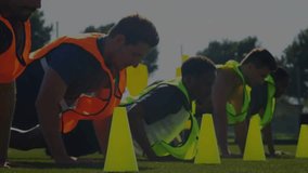 Coach initiating fitness and four athletes performing push-up cone taps with data overlay tracking. Athletes, training, sport, extreme, competition, dynamic, performance - Powered by Shutterstock - Get 15% off with code: PIKWIZARD15
