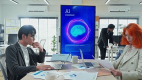 Multiethnic business professionals collaborate in modern office using AI virtual assistant and big data analytics to connect insights, driving strategic innovation through intelligent automation - Powered by Shutterstock - Get 15% off with code: PIKWIZARD15