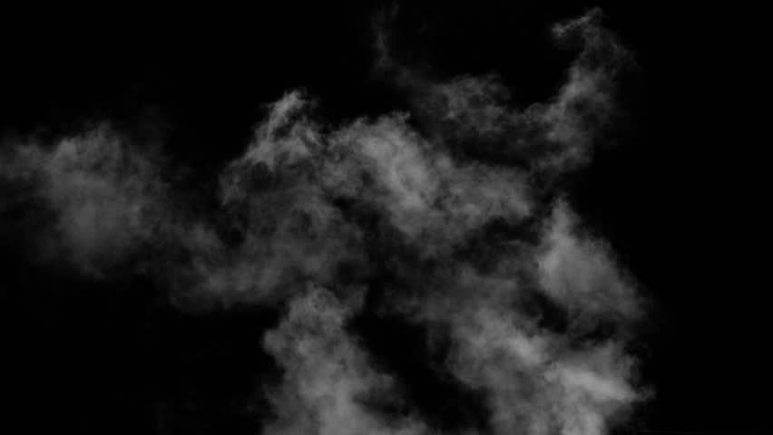 A heavy, dense cloud of white smoke or fog rolls slowly from the top left corner, creating a thick, atmospheric texture on a black background