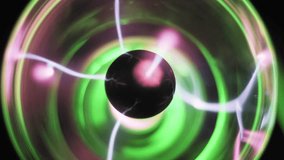 Top down view of a plasma globe emitting white electric bolts from a central black electrode. Pink tendrils swirl as green light rings form inside the sphere. Abstract motion. - Powered by Shutterstock - Get 15% off with code: PIKWIZARD15