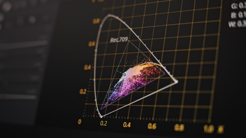 Angled close up of a color scope monitor displaying the Rec 709 color space. The chrominance data trace shifts inside the gamut triangle during a professional post production workflow on software.