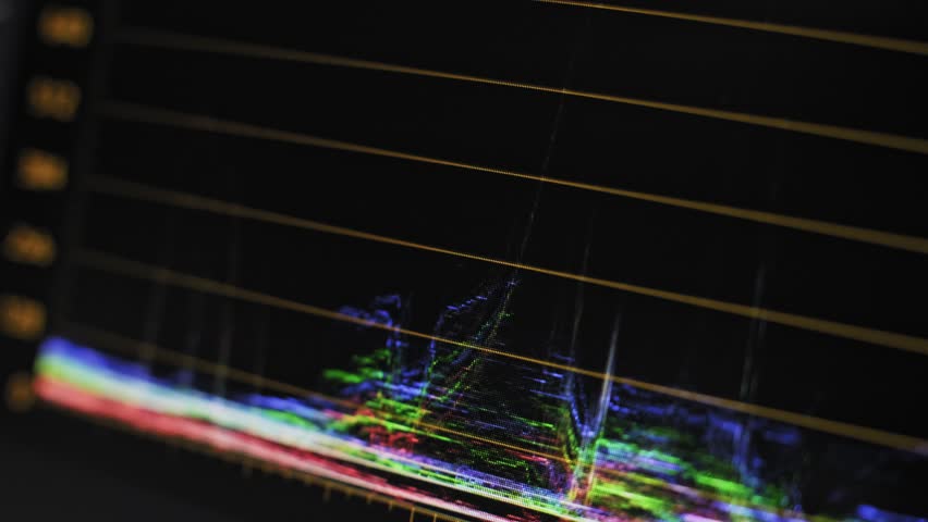Angled macro shot of a horizontal waveform monitor screen. Red, green, and blue data points fluctuate, analyzing color, saturation, and brightness levels during a post production color grading process