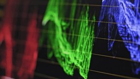 Close up of RGB parade waveforms fluctuating on a screen with color grading software. The post production workflow shows data analysis on a monitor with grid lines and signal measurement tools. - Powered by Shutterstock - Get 15% off with code: PIKWIZARD15
