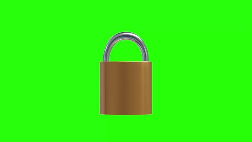 3D Brass Padlock Security open and close Loop animation on green screen, 4k Stainless Steel Padlock lock and unlock render on chroma key, for security concepts, data protection, privacy, encryption