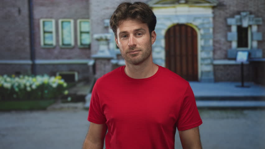 Man in red shirt touching temple and finger pointing to camera at building entrance near home doorway; confidence persuasion.
