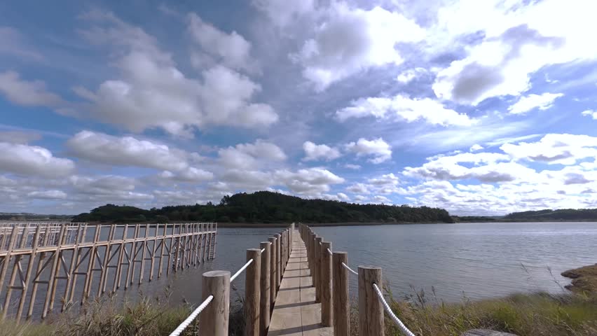 beautiful landscape with wood boardwalk over the Obidos lagoon, Portugal. timelapse