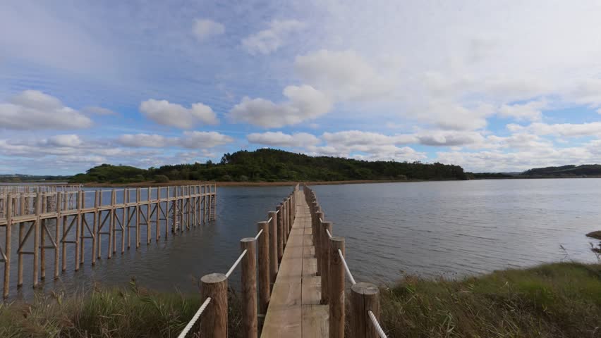 wood boardwalk over the Obidos lagoon, Portugal