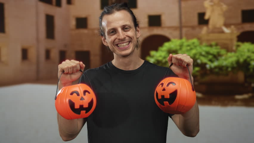 Young man holds two orange pumpkin buckets and smiles while standing in a building courtyard near a fountain and statue; playful joy.