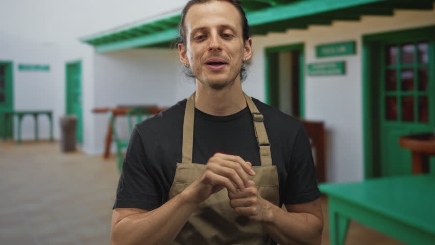 Man clasping hands in building courtyard wearing apron and black shirt, smiling with closed eyes and folded fingers; gratitude.