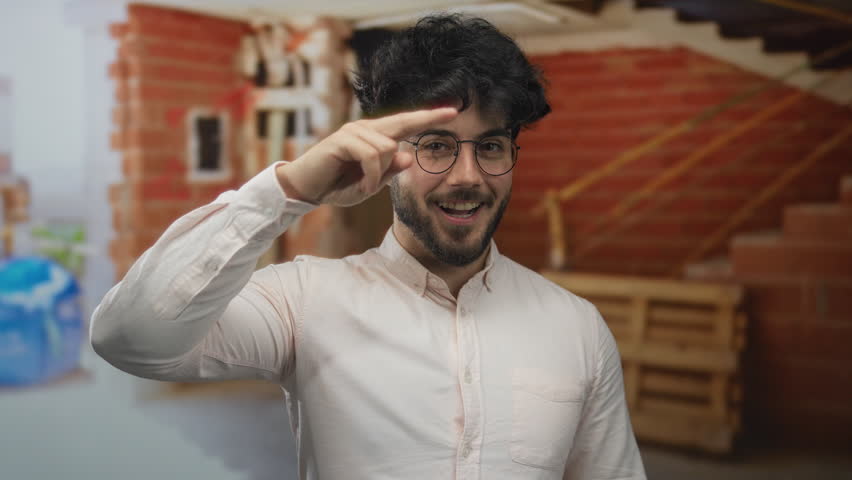 Young hispanic man with beard gives a friendly salute indoors at a construction site, smiling and showcasing the vibrant atmosphere of industrial work.