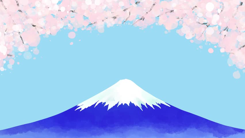 Watercolor loop background animation of Mount Fuji and a tunnel of cherry blossoms
