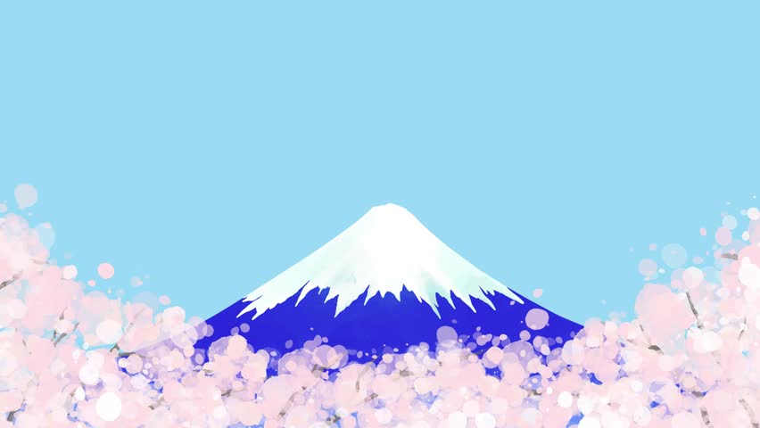 Loop background animation of Mount Fuji surrounded by full-bloom cherry blossoms
