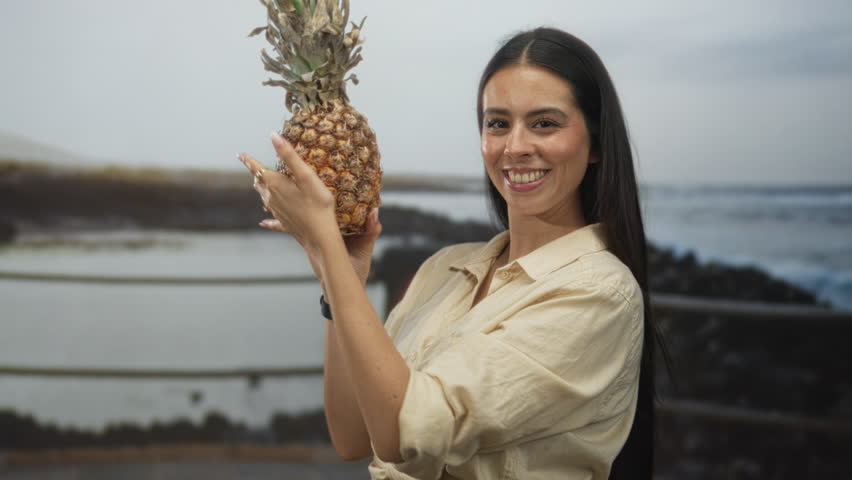Woman smiling and holding a pineapple with both hands in studio by the seaside coast; tropical summer vacation serenity.