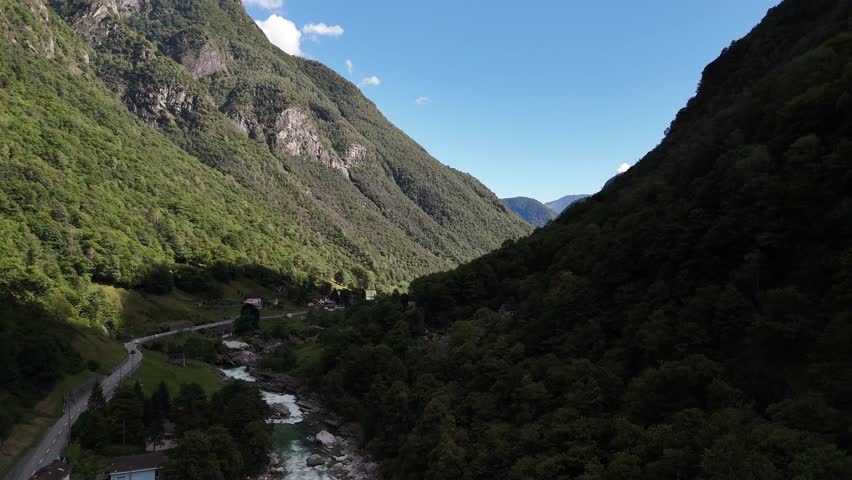 Valle Maggia Maggia Valley in Ticino, Switzerland aerial drone over rocky landscape