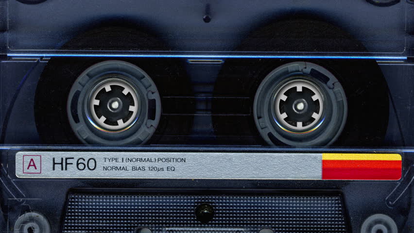 Vintage audio cassette tape playing, macro, 4 animations dynamic compilation. Front view. Seamless 4k loop Slideshow.